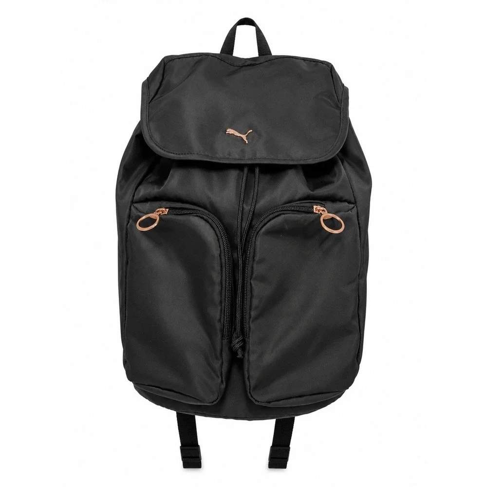 PUMA Black Backpack Drawstring Flap Top Zip Closure, Adjustable Straps, Pockets